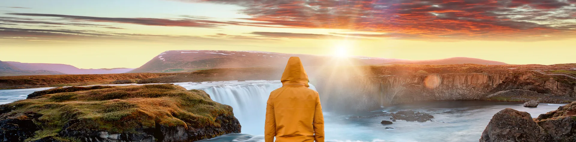 Waterfall Godafoss at sunset in Iceland.